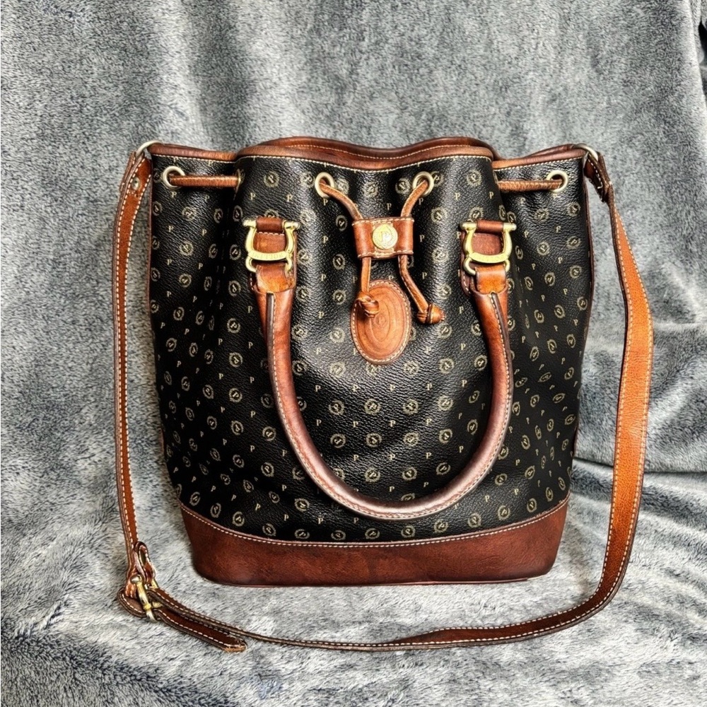 Pollini Bucket Bag Black Monogram Italian Leather Trim Shoulder Strap Top Handle